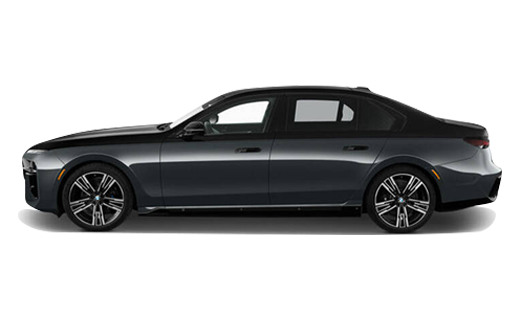 Side profile of a BMW i7 luxury all-electric sedan, showcasing its sleek design, executive styling, and premium build for chauffeur-driven travel.