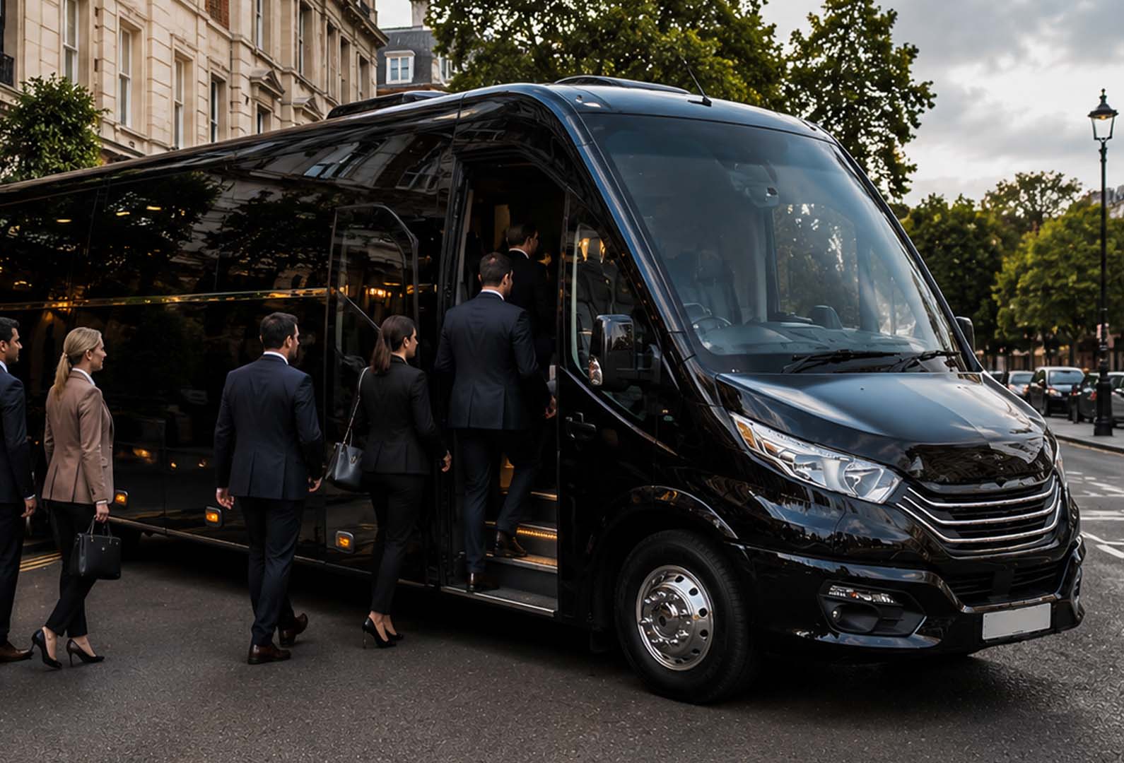 London-VIP-Travel-Luxury-Coach-29-Seater-Exterior-With-Businessman-Entering-Image01