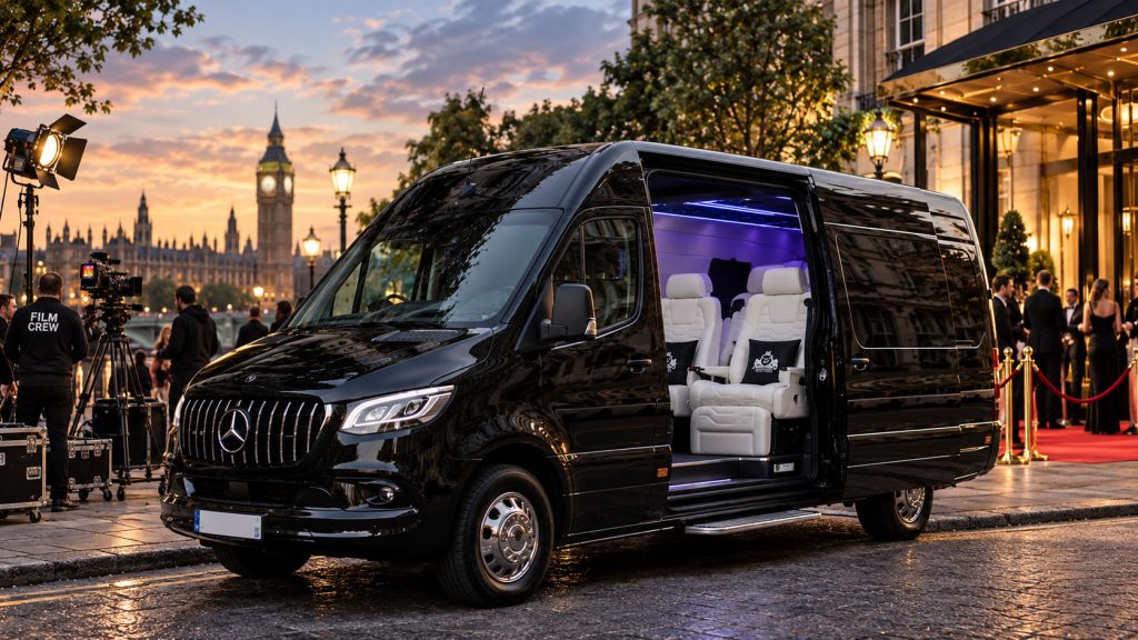 Mercedes Luxury Sprinter 8 Seater for film production and VIP events in London, featuring a premium cream-leather interior and ambient lighting.
